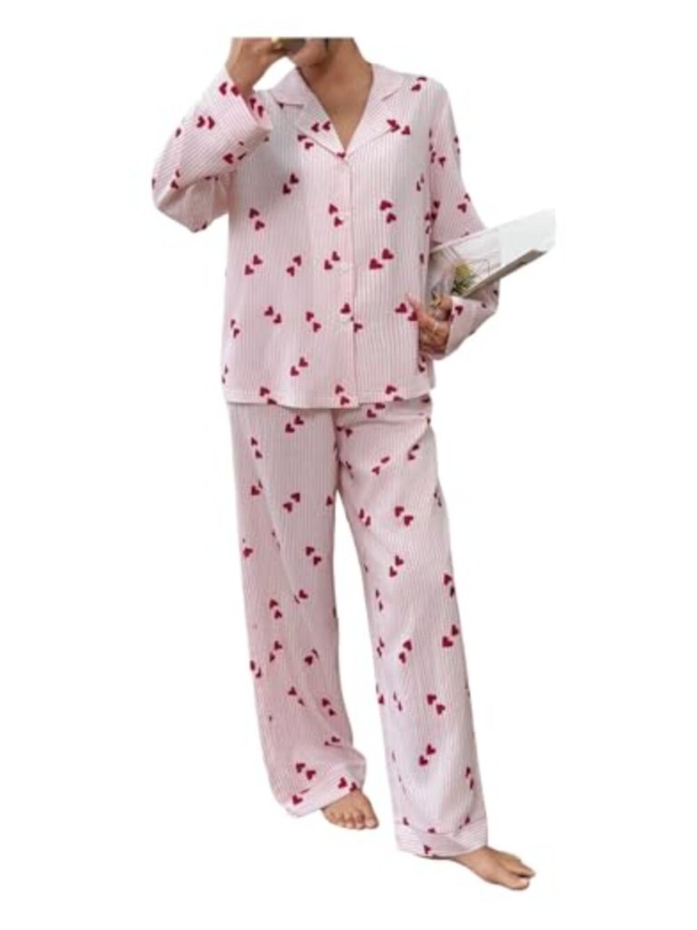 Striped Heart Print 2 Piece Pajama Set Long Sleeve Button Down Shirt & Pants